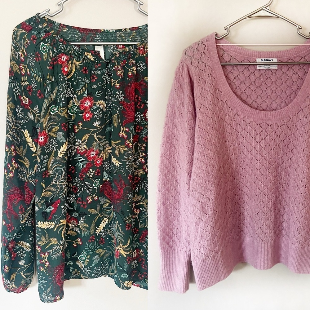Womens Bundle XL Floral Top Open Knit Pink Sweater Cottage Career Office Girlie